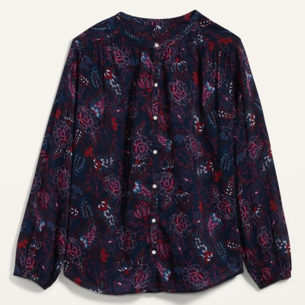 Oversized Button-Front Floral Poet Blouse for Women
